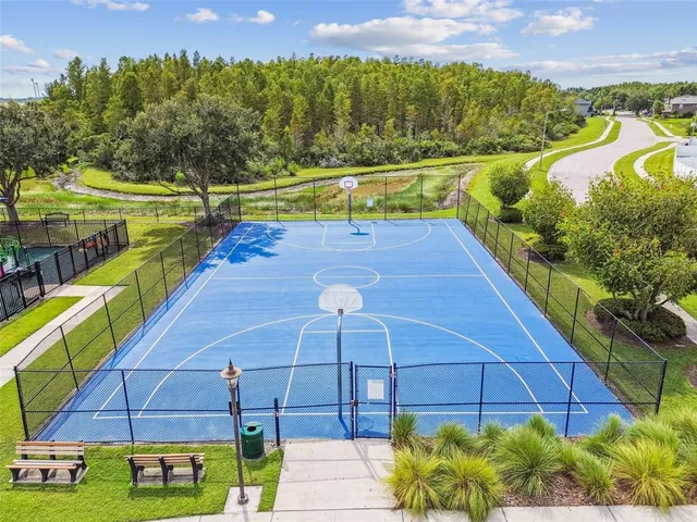 an aerial view of a swimming pool