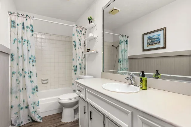 a bathroom with a sink a toilet and shower