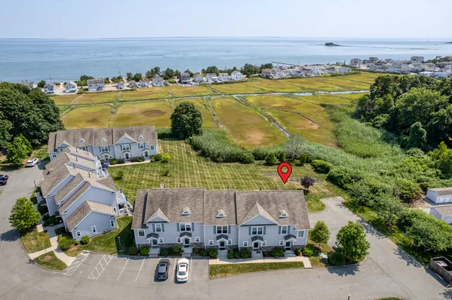 an aerial view of residential houses with outdoor space and ocean view