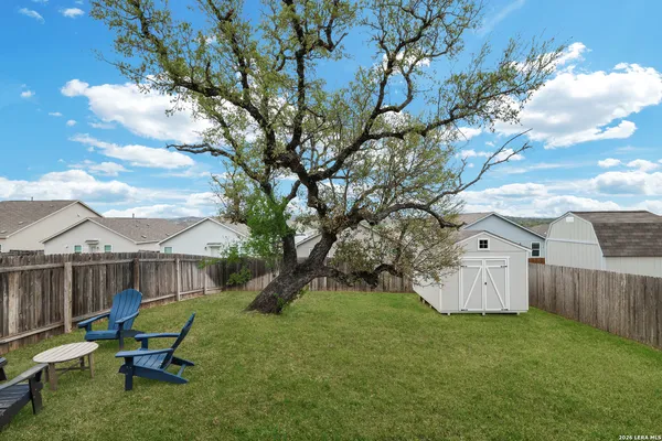 a view of a backyard with wooden fence and a large tree