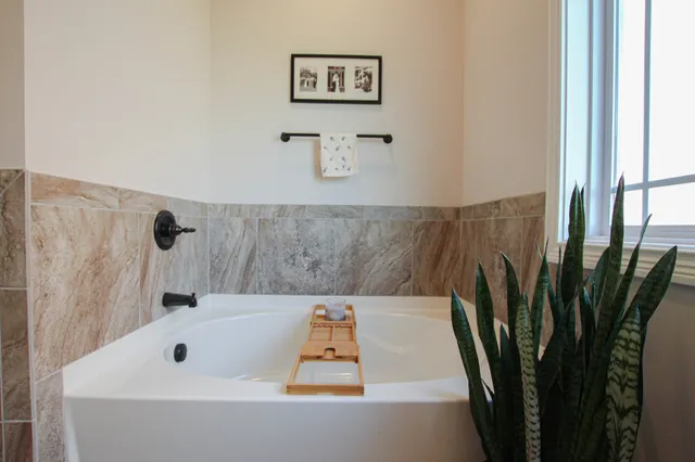 a bathroom with a bathtub