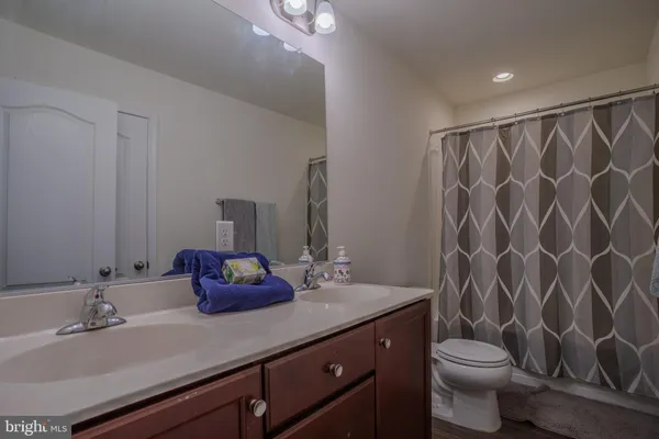 a bathroom with a double vanity sink toilet and a mirror
