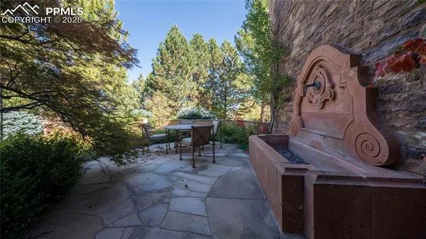 a view of backyard with a table and chairs and a large tree