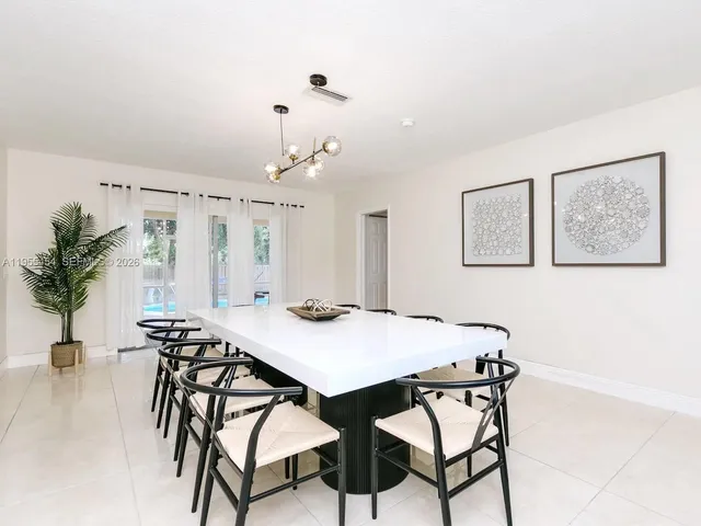 a view of a dining room with furniture and window