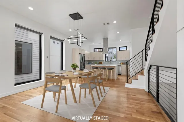 a view of a dining room with furniture