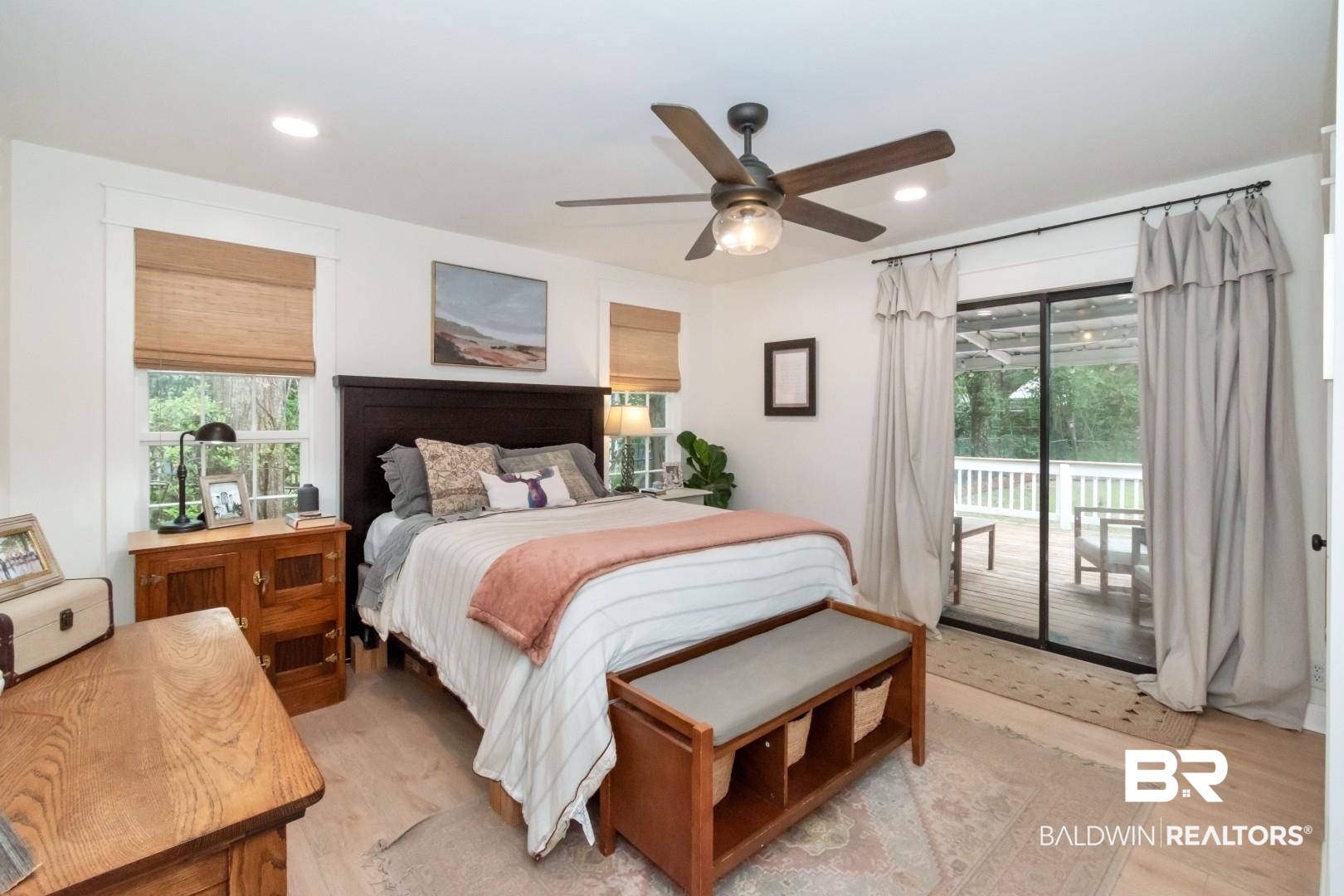 113 Ellinor Street Mobile, AL 36606 - Photo 17 of 28 Bedroom featuring recessed lighting, light wood-style floors, access to exterior, and ceiling fan