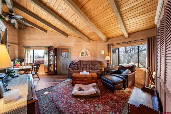 a living room with furniture a rug and a window
