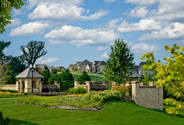 a view of a house with a big yard potted plants and large trees