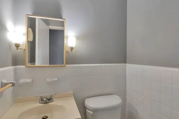 a bathroom with a sink a toilet and a mirror