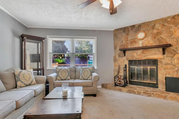 a living room with furniture and a fireplace