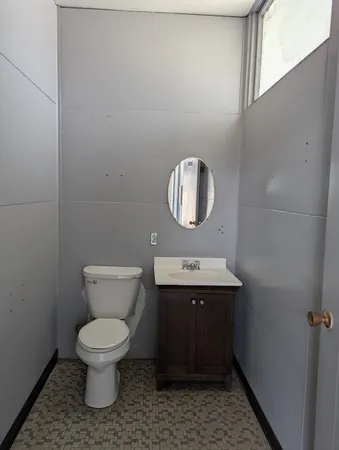 a bathroom with a toilet a sink and mirror
