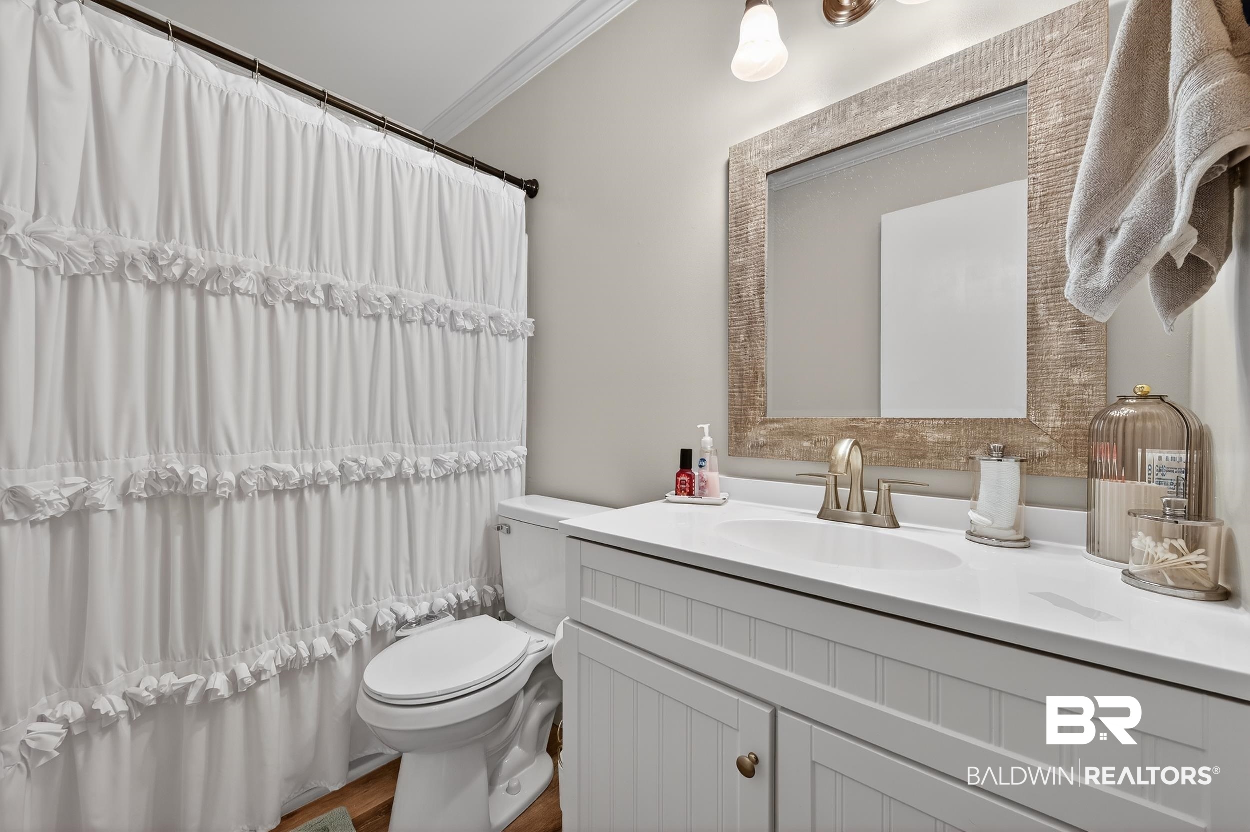 46006 Pecan Lane Bay Minette, AL 36507 - Photo 25 of 40 Bathroom featuring vanity, crown molding, and a shower with shower curtain