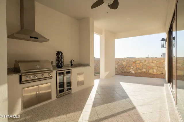 a lobby with furniture and mirror