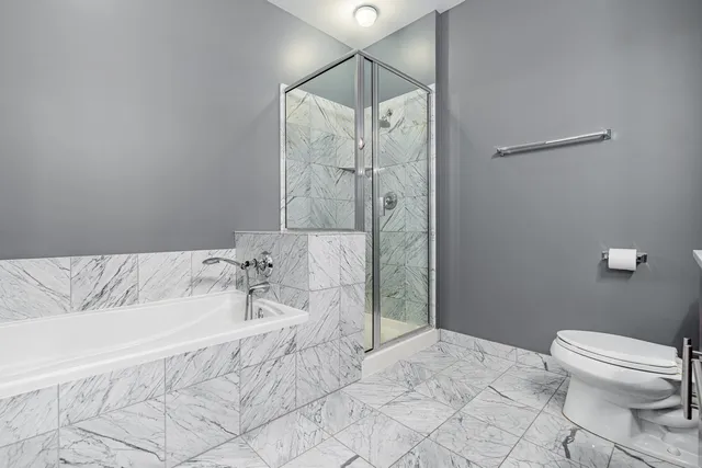 a bathroom with a bathtub and a shower