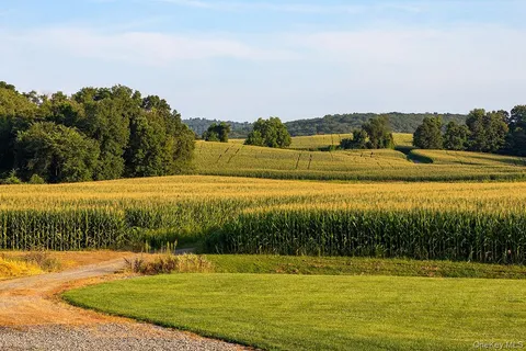 a view of a swimming pool with lake and houses in the back