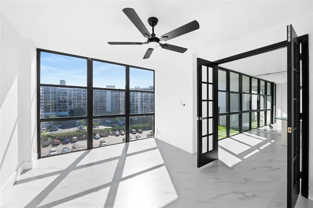 a view of staircase with a floor to ceiling window