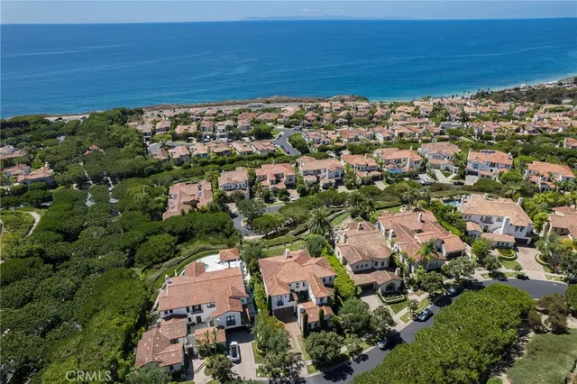 an aerial view of residential houses with outdoor space and trees