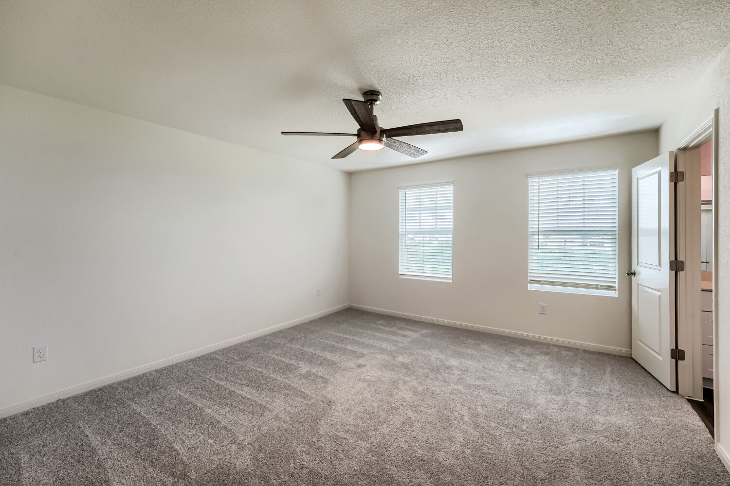 124 Mullen Way Taylor, TX 76574 - Photo 10 of 22 Carpeted room with a ceiling fan light fixture, two windows with blinds, and a white door