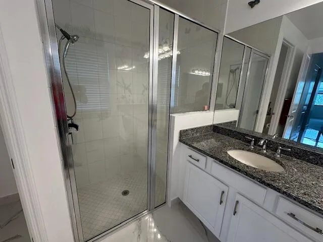 a bathroom with a granite countertop shower sink and vanity