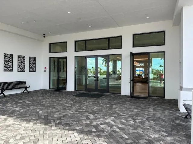 a view of a lake with a garden