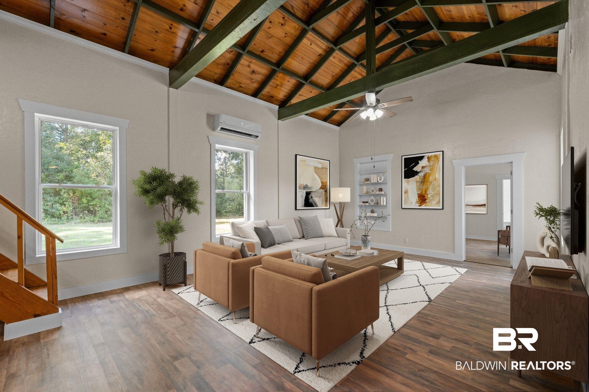 20037 County Road 33 Fairhope, AL 36532 - Photo 45 of 79 Living room with an AC wall unit, a wealth of natural light, high vaulted ceiling, and wooden ceiling