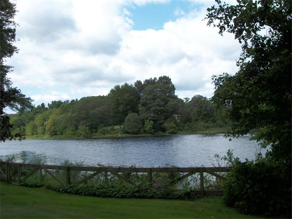 a view of a lake and green valley