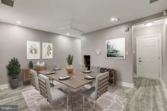 a view of a dining room with furniture