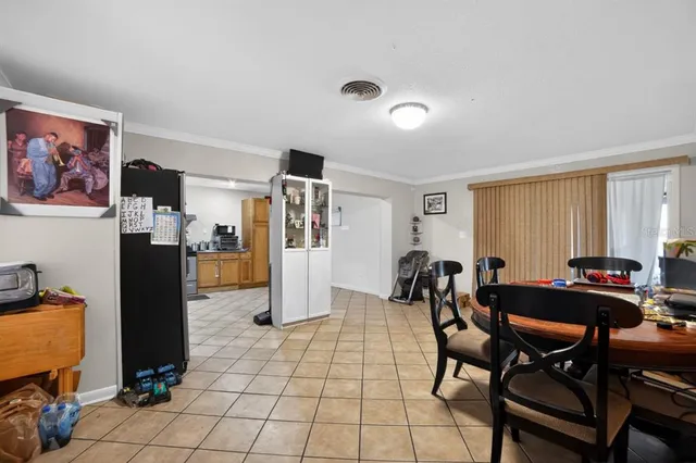 a view of a dining room with furniture