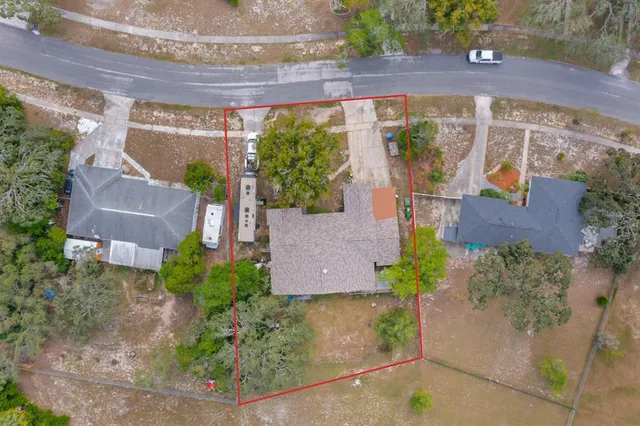 an aerial view of a house with a yard and potted plants