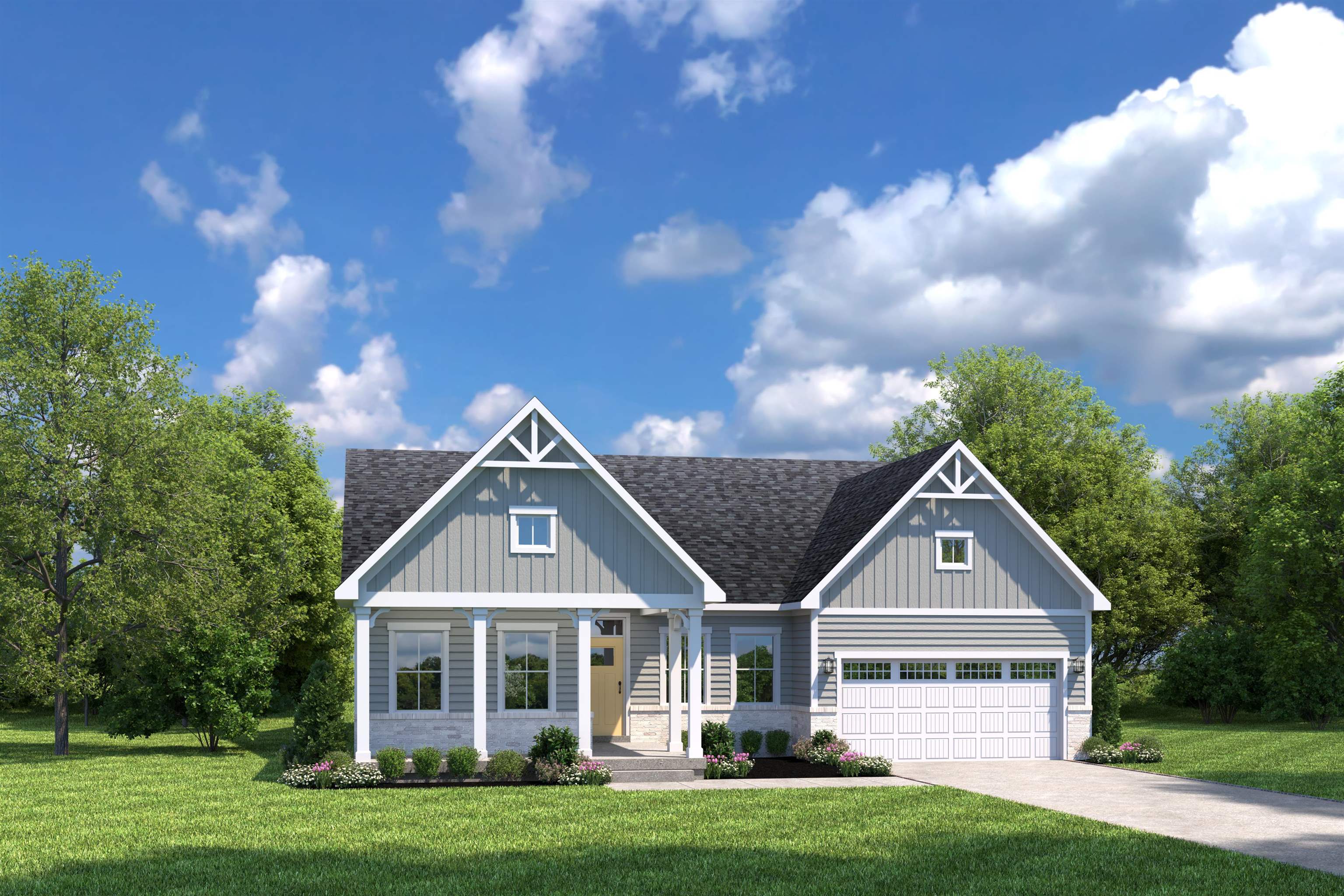 View of front facade featuring a front yard, board and batten siding, roof with shingles, and driveway
