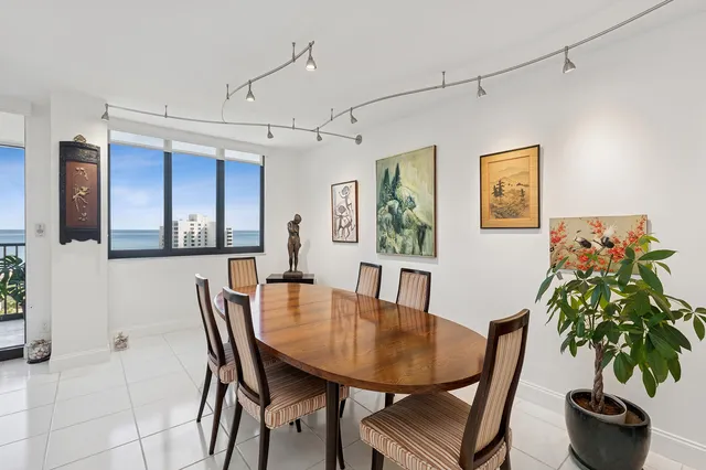 a view of a dining room with furniture and a potted plant