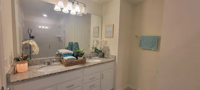 a kitchen with a granite counter top a potted plant and a shower