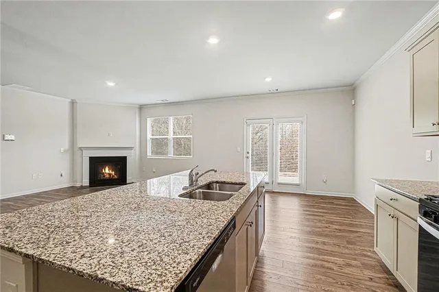 a living room with granite countertop furniture and a fireplace
