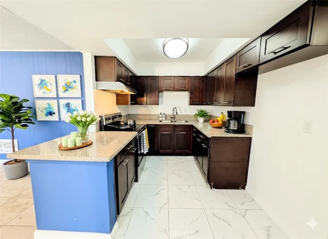 a kitchen with stainless steel appliances granite countertop a sink counter space cabinets a sink and a potted plant