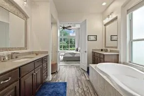 a bathroom with a tub sink and mirror