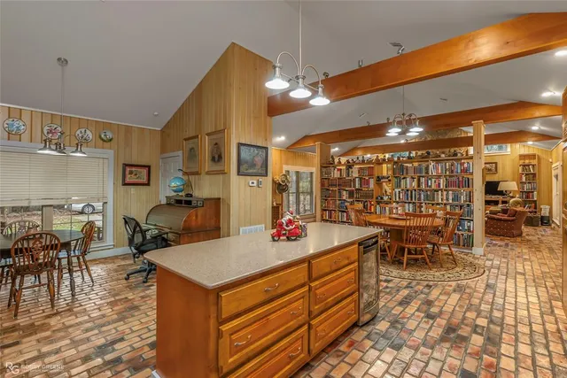 a work place with tables and chairs