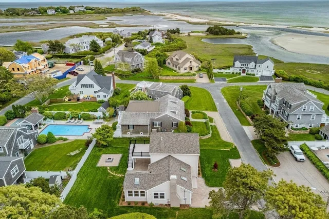 an aerial view of residential houses with outdoor space and swimming pool