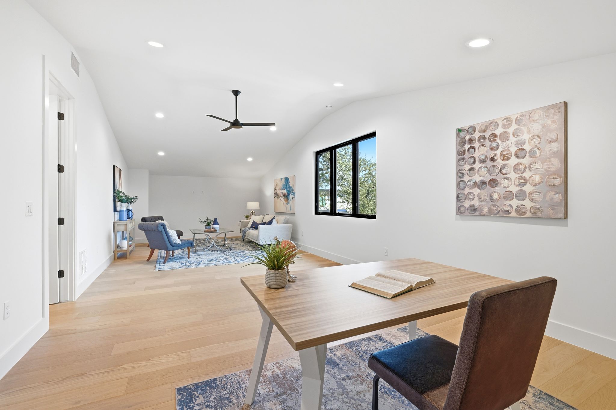 1607 Rabb Road Austin, TX 78704 - Photo 23 of 40 Office area featuring light wood-style flooring, recessed lighting, vaulted ceiling, and ceiling fan