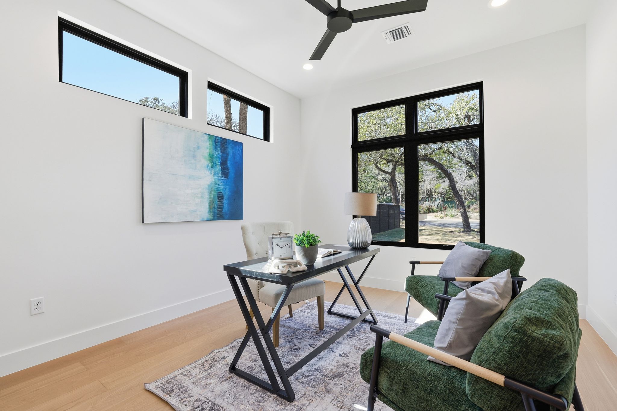 1607 Rabb Road Austin, TX 78704 - Photo 4 of 40 Home office featuring light wood finished floors, ceiling fan, and recessed lighting