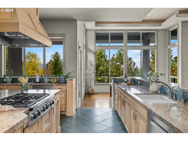 a kitchen with stainless steel appliances granite countertop a stove a sink and a wooden cabinets