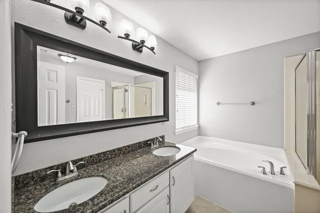 a bathroom with a granite countertop tub sink and mirror