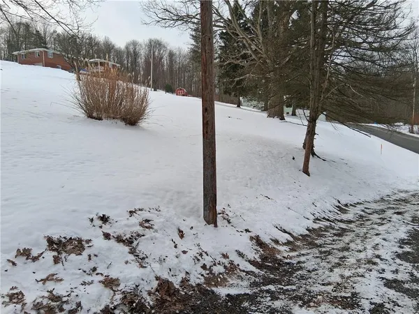 a view of a yard with wooden fence