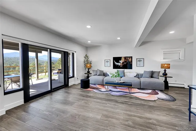 a living room with furniture and potted plants
