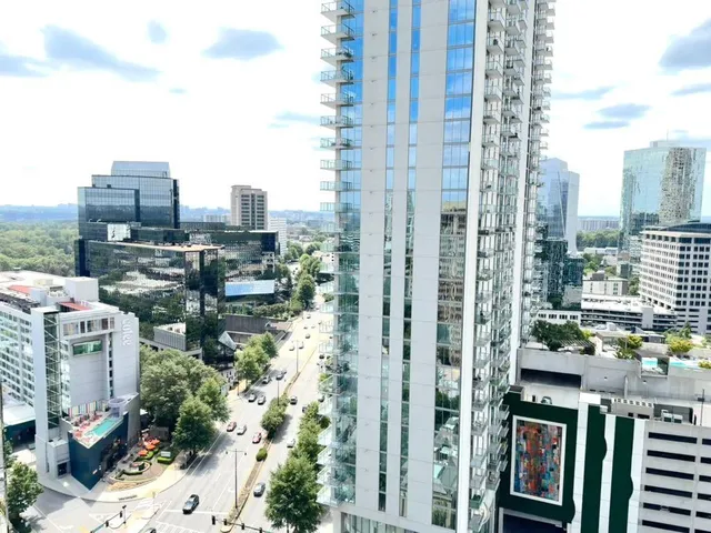 a city view with tall buildings