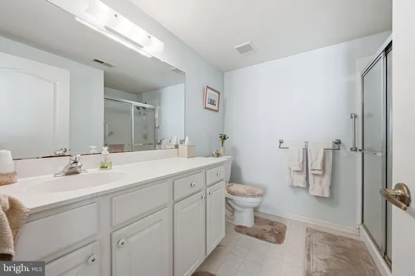 a bathroom with a double vanity sink toilet and shower