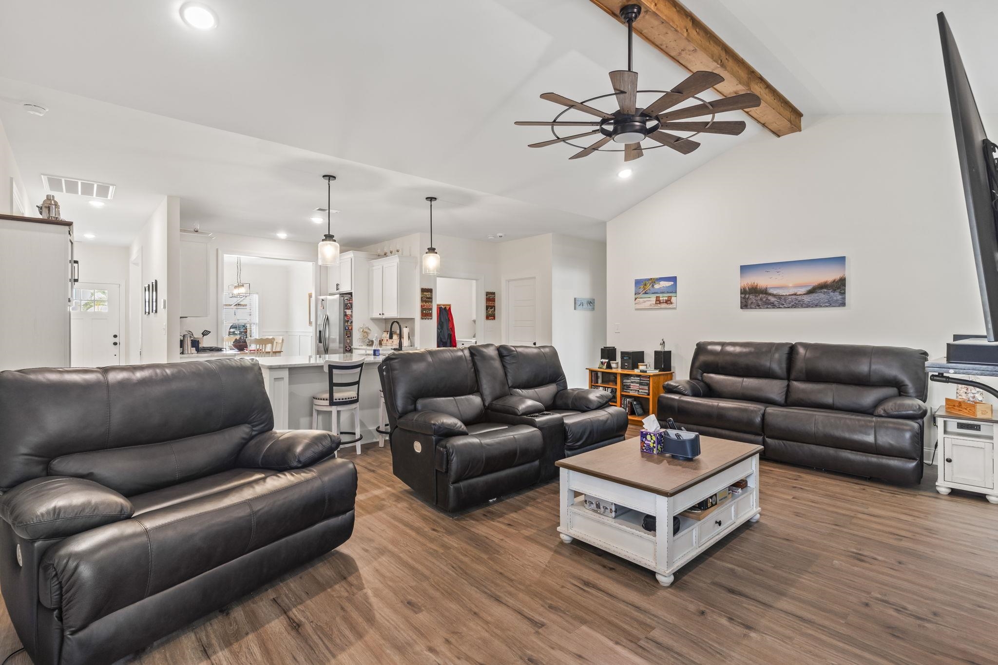207 Putney Court Conway, SC 29526 - Photo 14 of 38 Living area featuring dark wood finished floors, a ceiling fan, high vaulted ceiling, beamed ceiling, and recessed lighting