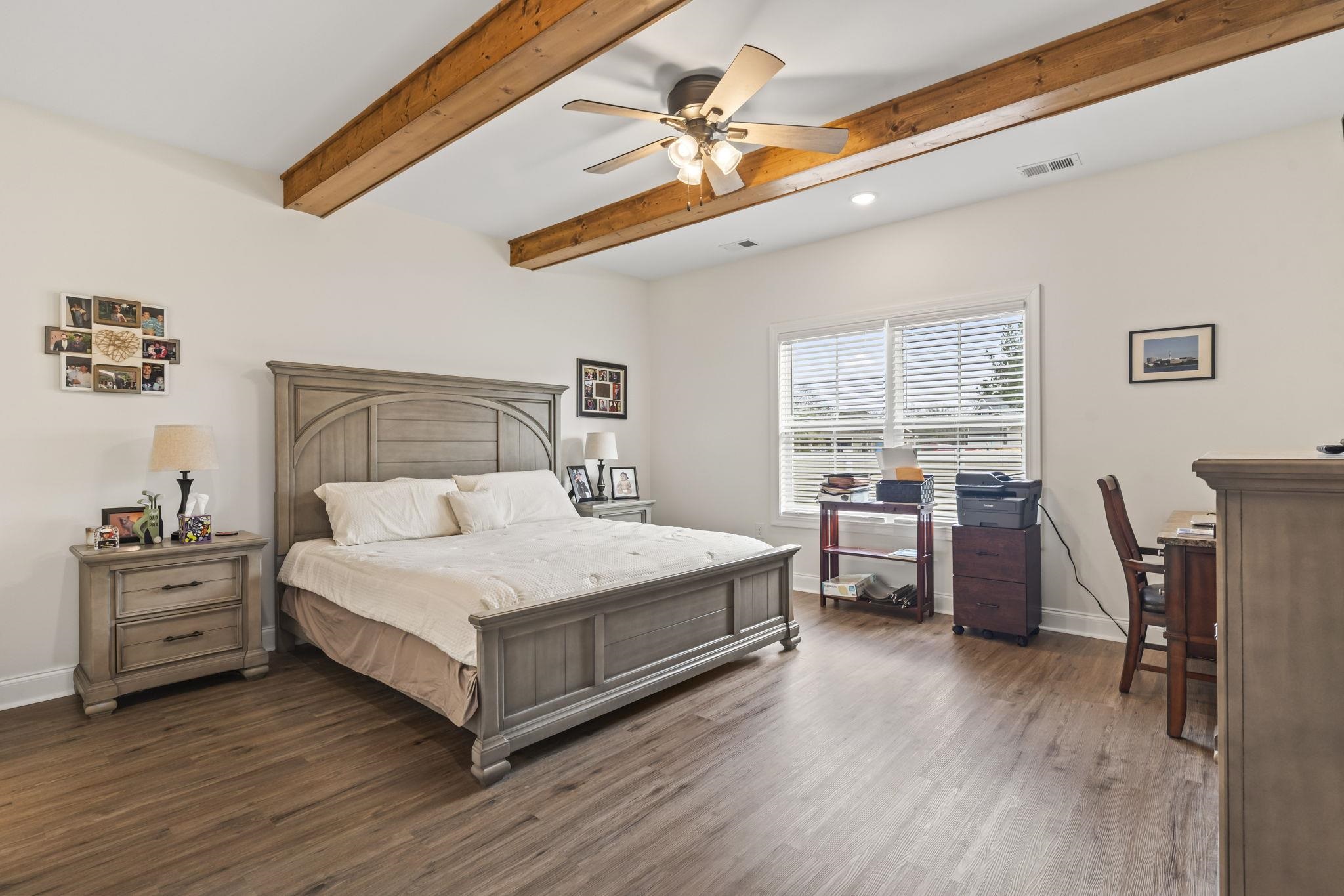 207 Putney Court Conway, SC 29526 - Photo 16 of 38 Bedroom featuring dark wood finished floors, ceiling fan, beamed ceiling, and recessed lighting