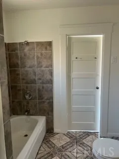 a bathroom with a bathtub and a toilet