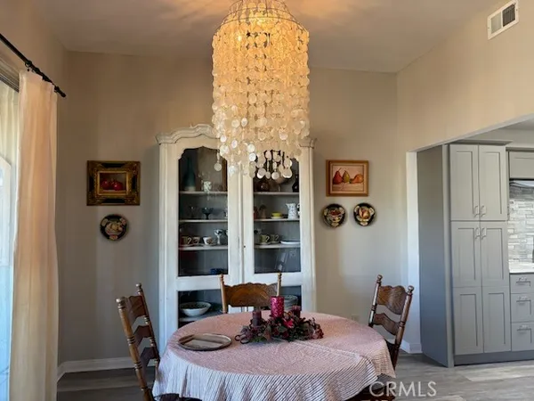 a view of a dining room with furniture