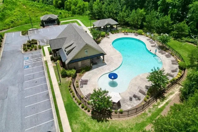 an aerial view of a swimming pool